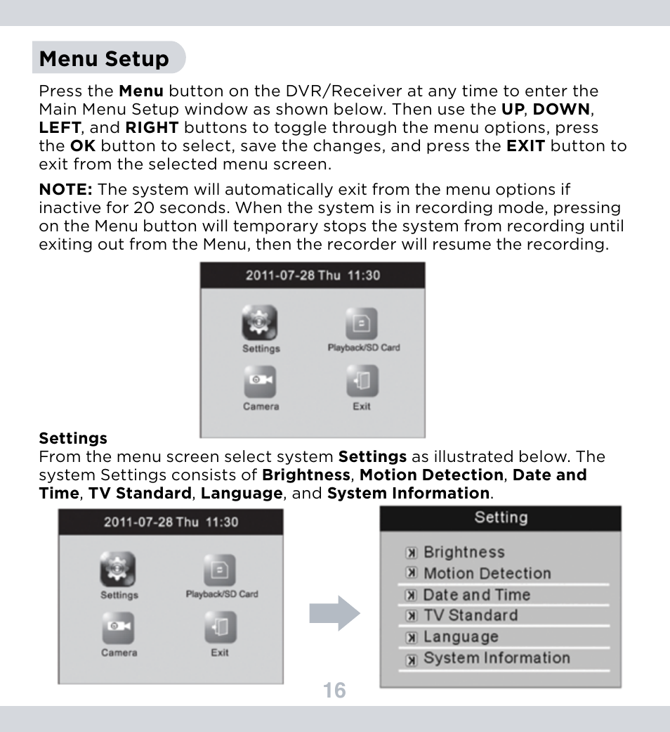 16 menu setup | SecurityMan DigiLCDDVR Series User Manual | Page 20 / 36