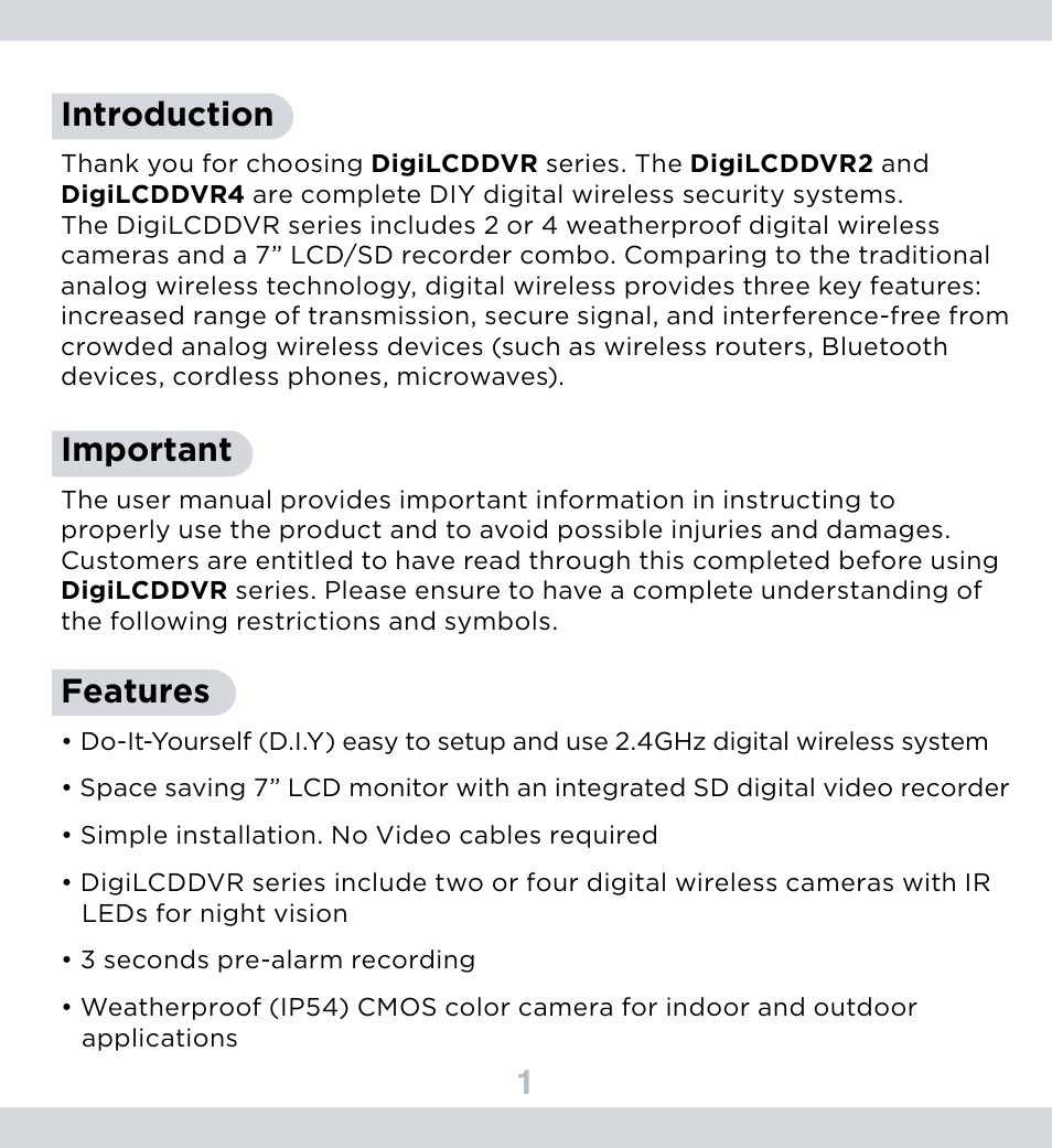 1introduction, Important, Features | SecurityMan DigiLCDDVR Series User Manual | Page 5 / 36