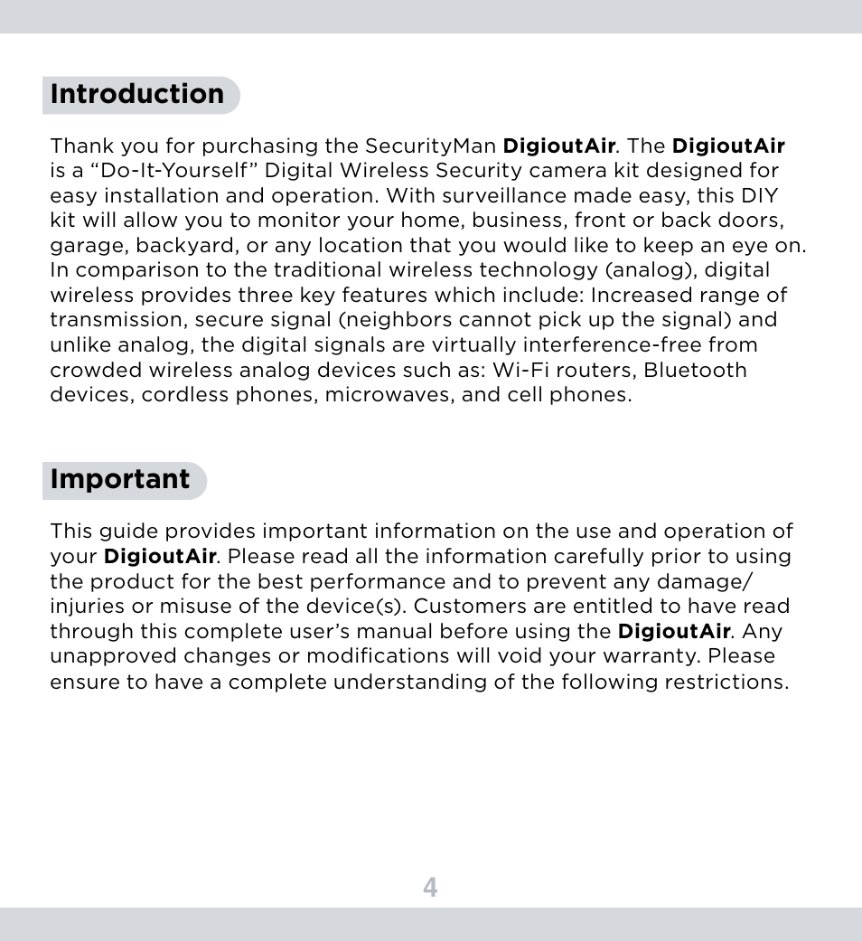 4introduction, Important | SecurityMan DigioutAir User Manual | Page 5 / 17