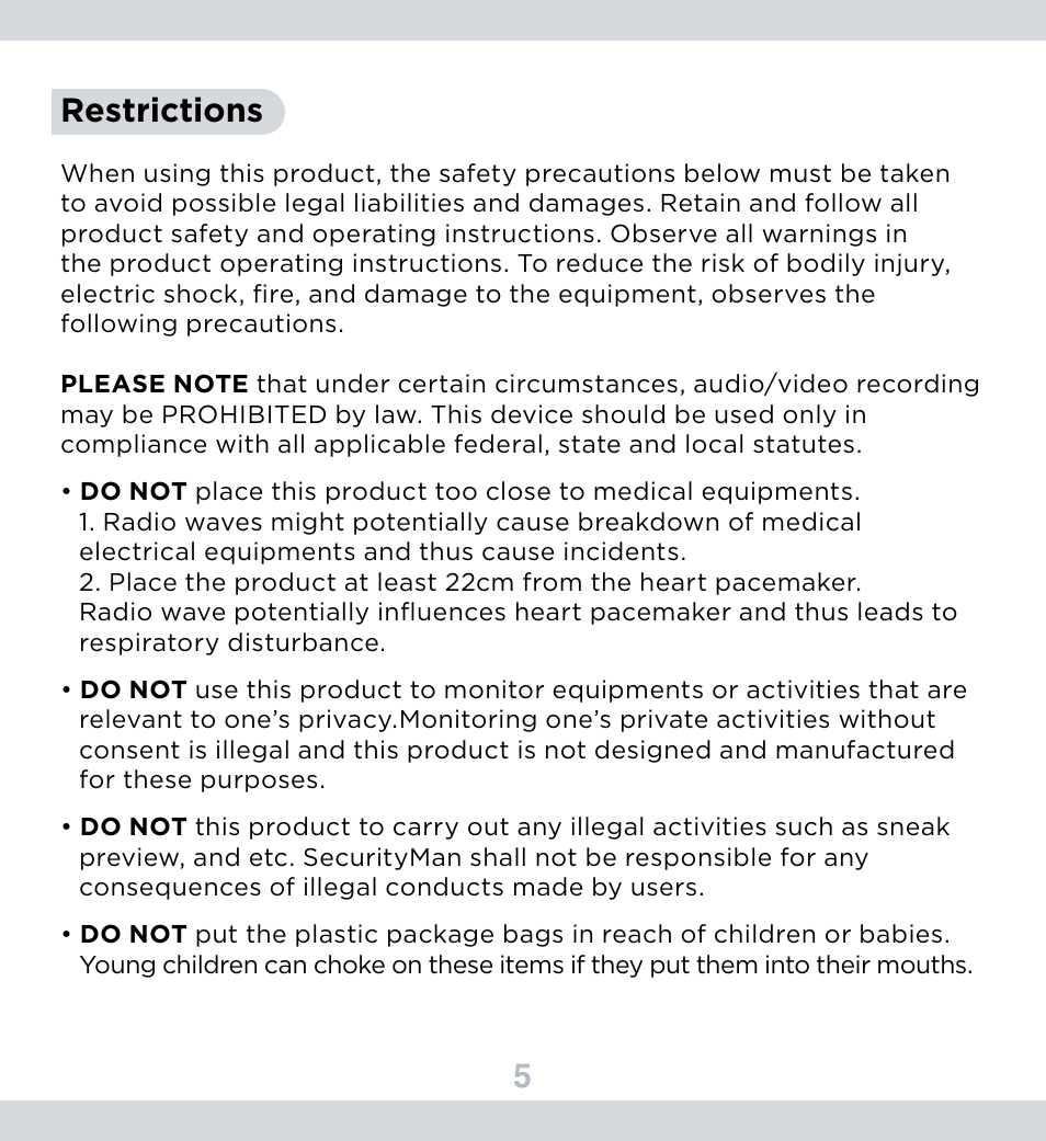 5restrictions | SecurityMan DigioutAir User Manual | Page 6 / 17