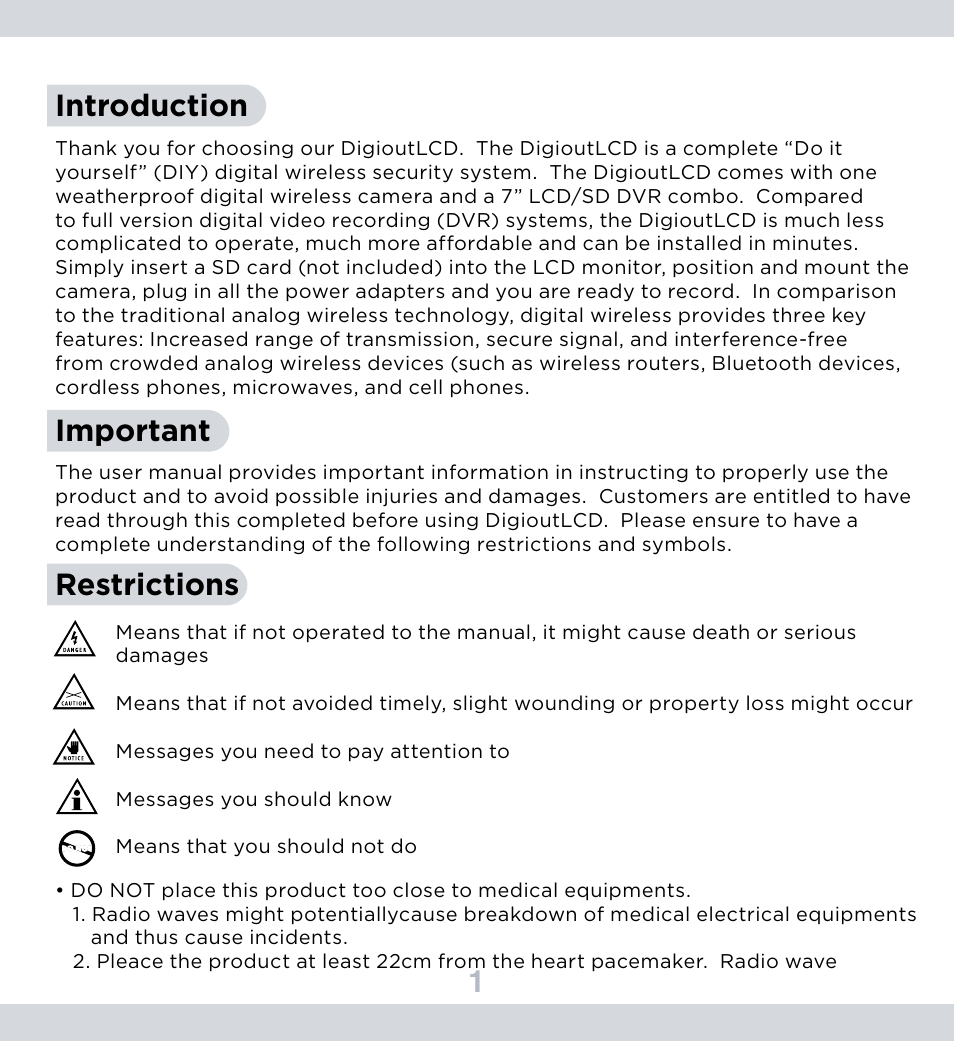 1introduction important restrictions | SecurityMan DigioutLCD User Manual | Page 5 / 37