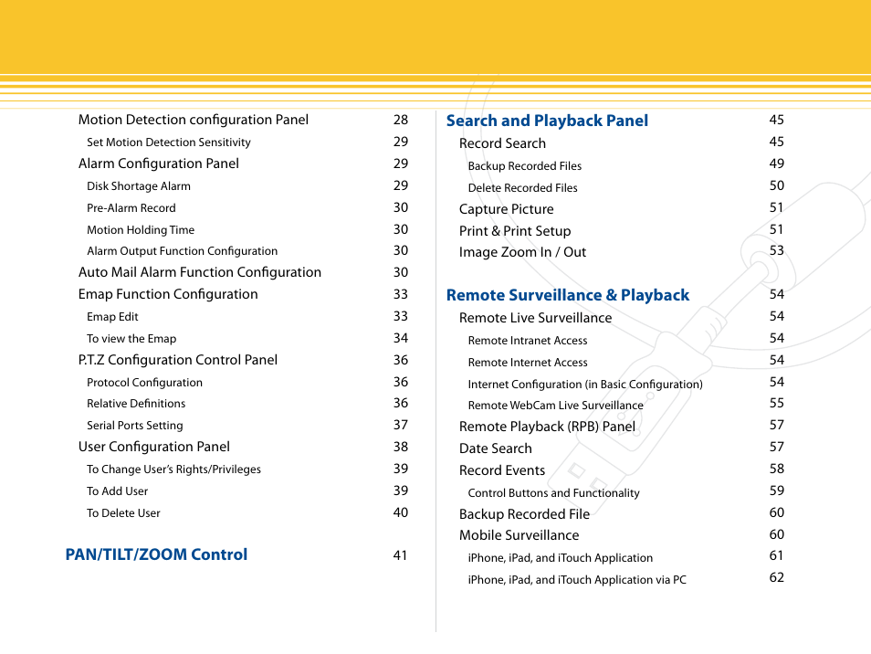 Pan/tilt/zoom control search and playback panel, Remote surveillance & playback | SecurityMan iCamDVR (after Dec. 2011 shipment) User Manual | Page 4 / 106