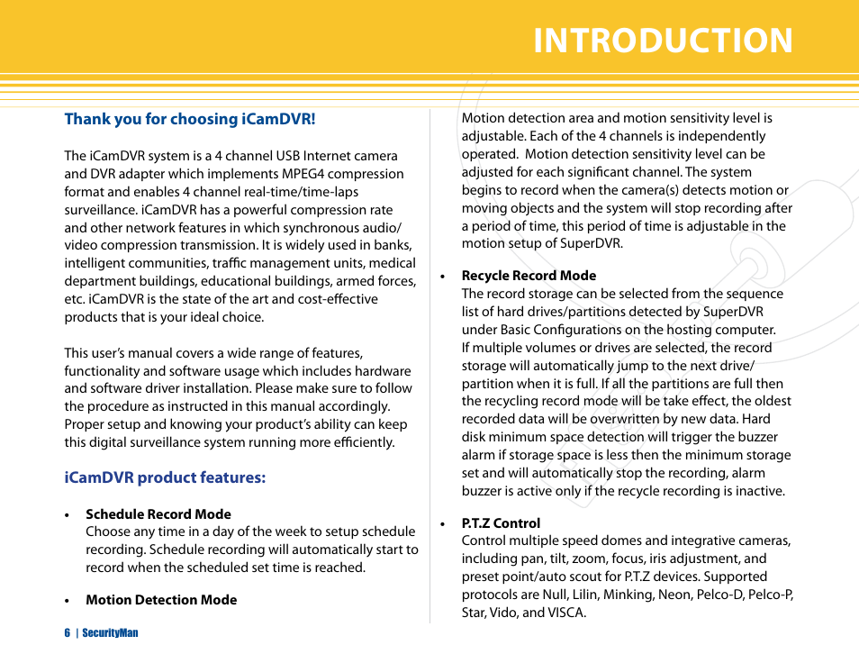 Introduction | SecurityMan iCamDVR (after Dec. 2011 shipment) User Manual | Page 6 / 106