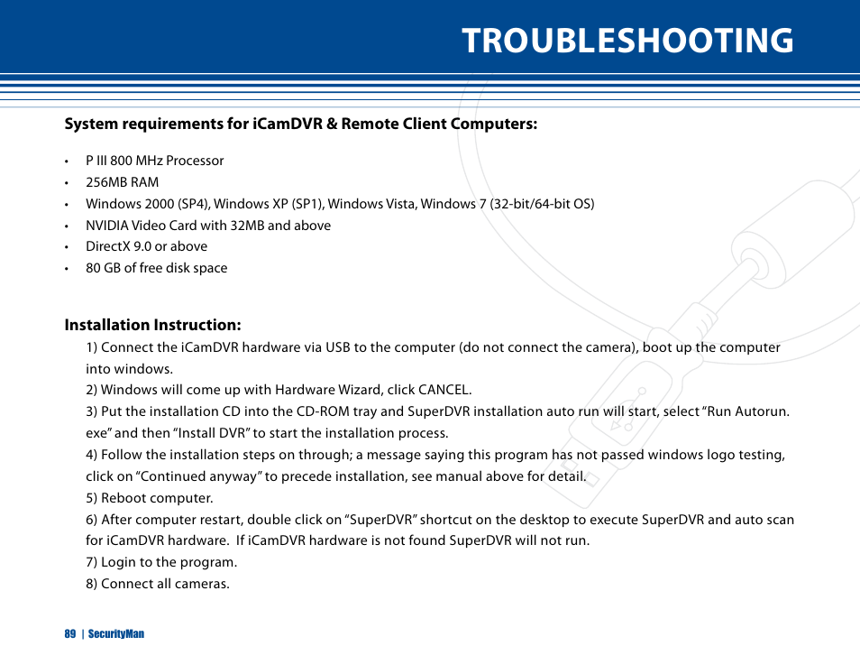 Troubleshooting | SecurityMan iCamDVR (after Dec. 2011 shipment) User Manual | Page 89 / 106