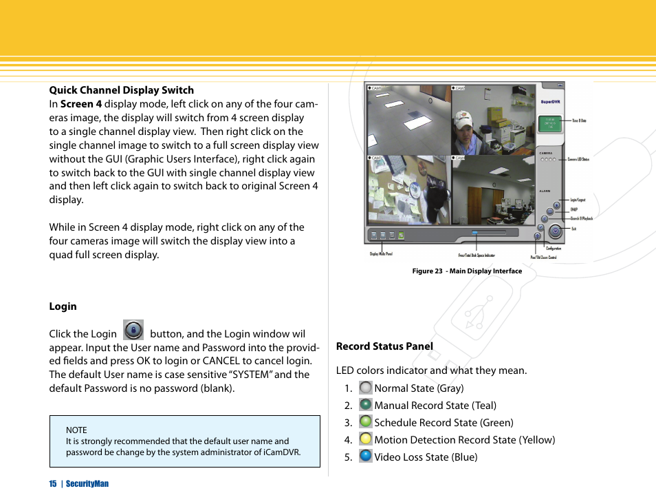 Quick channel display switch, Login, Record status panel | SecurityMan iCamDVR (early 2008 shipment) User Manual | Page 16 / 83