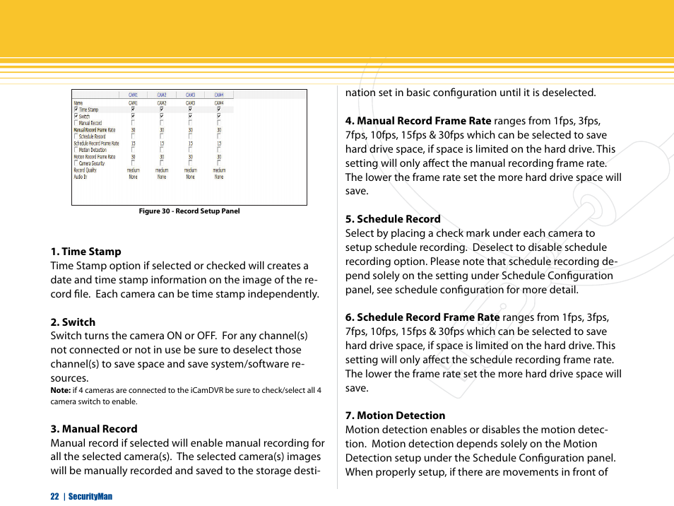 Time stamp, Switch, Manual record | Manual record frame rate, Schedule record, Schedule record frame rate, Motion detection | SecurityMan iCamDVR (early 2008 shipment) User Manual | Page 23 / 83