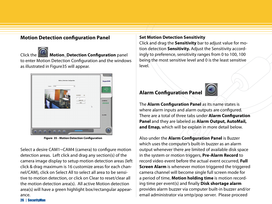 Motion detection configuration panel, Alarm configuration panel | SecurityMan iCamDVR (early 2008 shipment) User Manual | Page 27 / 83