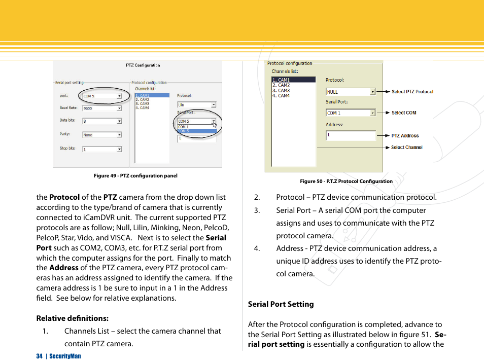 Relative definitions, Serial port setting | SecurityMan iCamDVR (early 2008 shipment) User Manual | Page 35 / 83