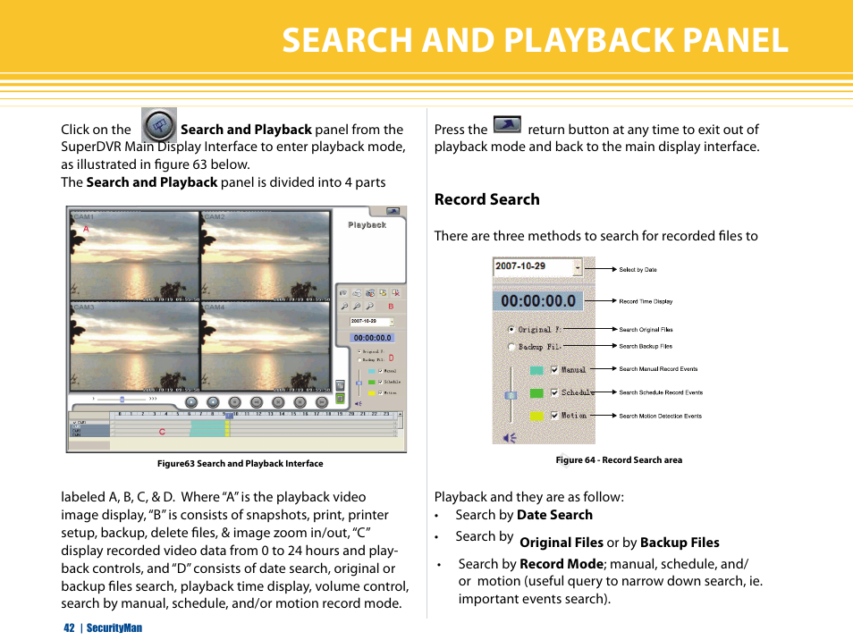 Search and playback panel, Record search | SecurityMan iCamDVR (early 2008 shipment) User Manual | Page 43 / 83