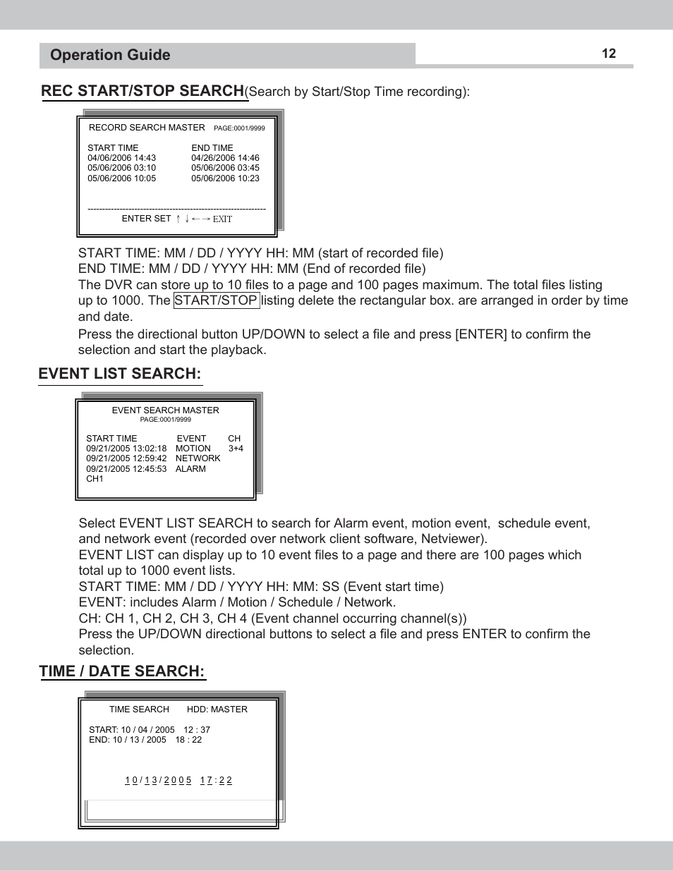 Event list search, Operation guide, Time / date search | Rec start/stop search, Search by start/stop time recording) | SecurityMan NDVR-04 User Manual | Page 12 / 35