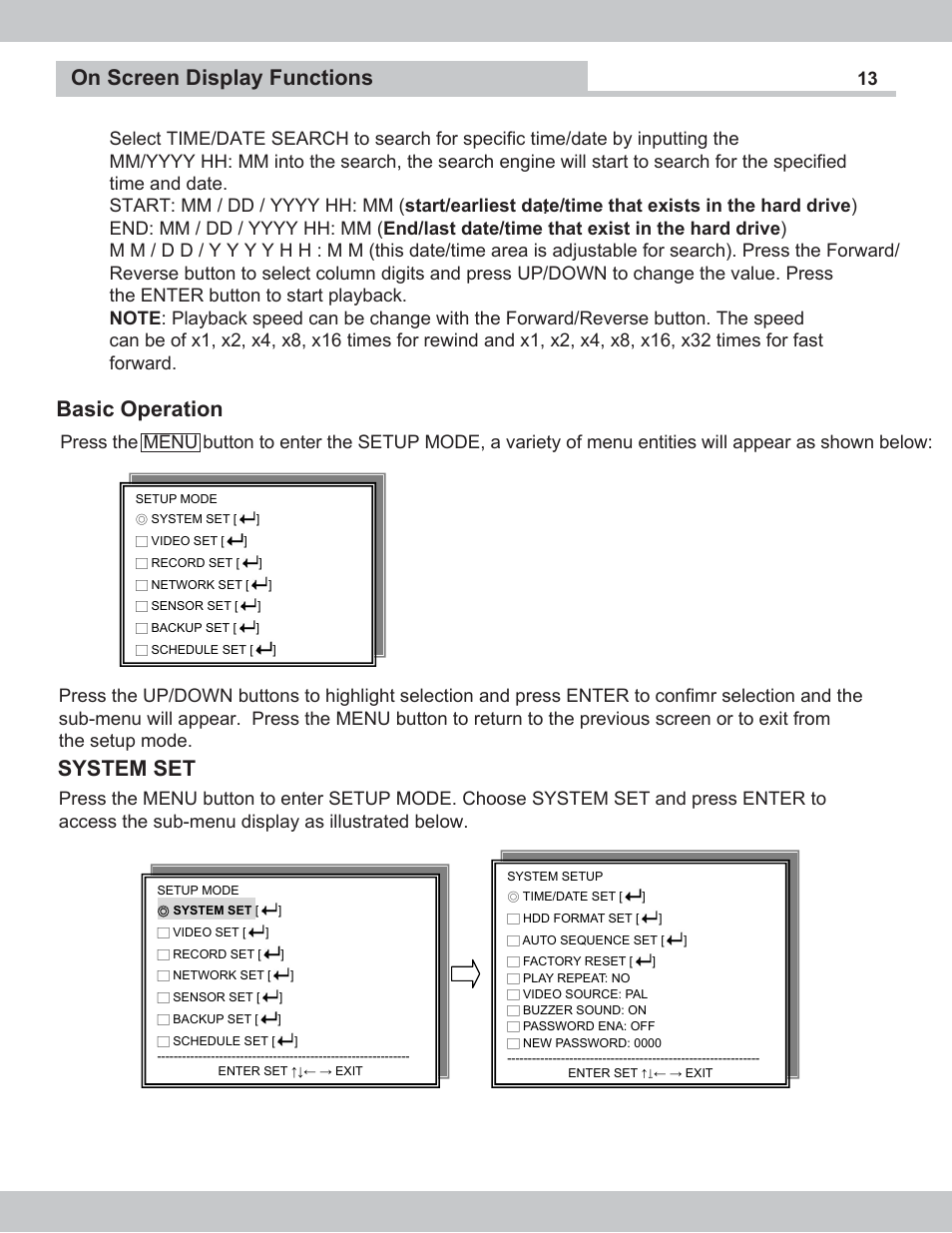 Basic operation, On screen display functions, System set | SecurityMan NDVR-04 User Manual | Page 13 / 35