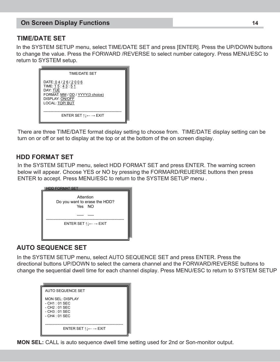 Time/date set hdd format set, On screen display functions, Auto sequence set | SecurityMan NDVR-04 User Manual | Page 14 / 35