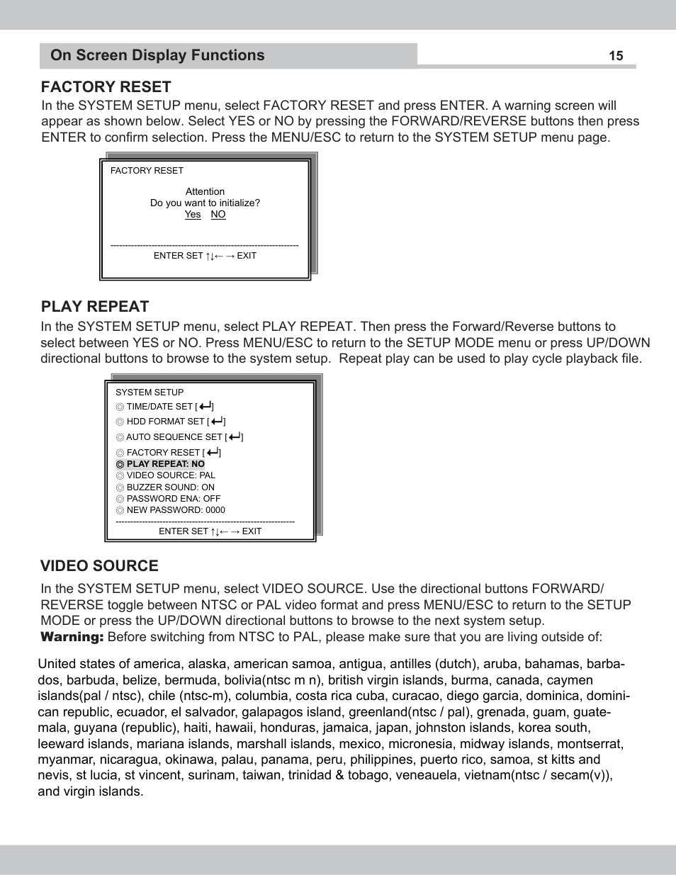 Factory reset on screen display functions, Play repeat, Video source | SecurityMan NDVR-04 User Manual | Page 15 / 35