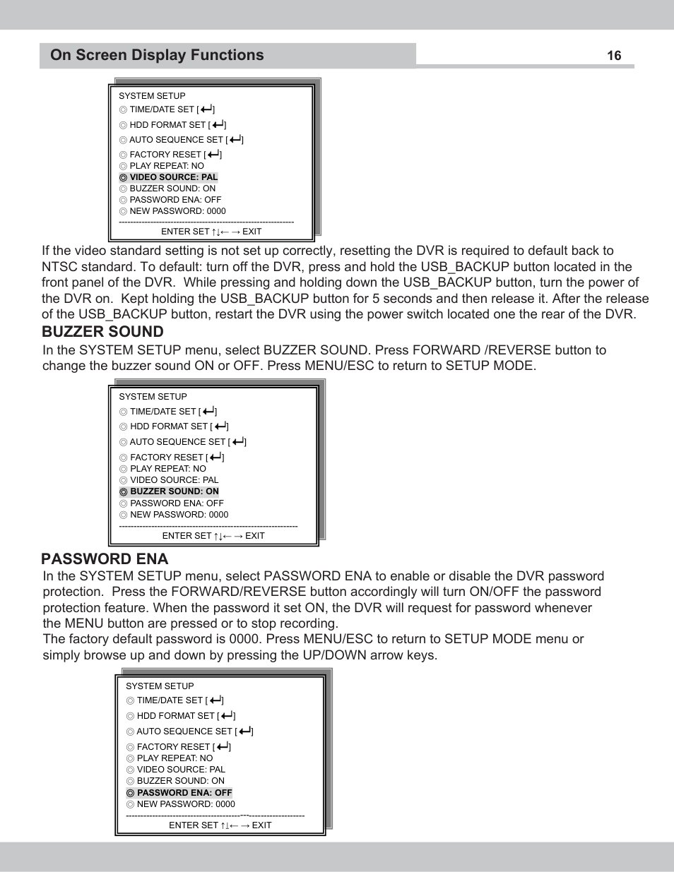 On screen display functions buzzer sound, Password ena | SecurityMan NDVR-04 User Manual | Page 16 / 35