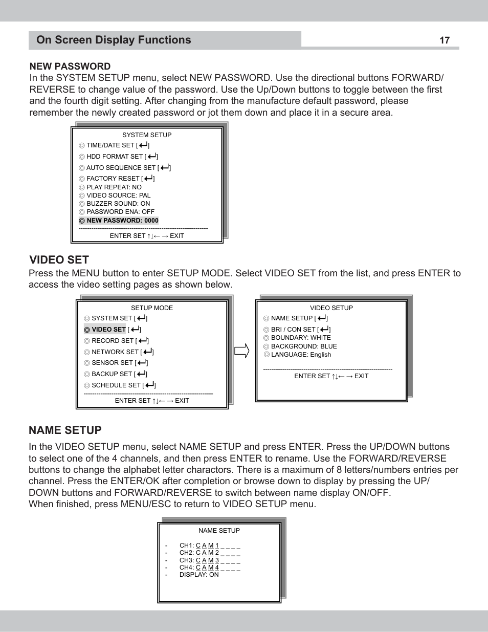 Video set, On screen display functions, Name setup | SecurityMan NDVR-04 User Manual | Page 17 / 35