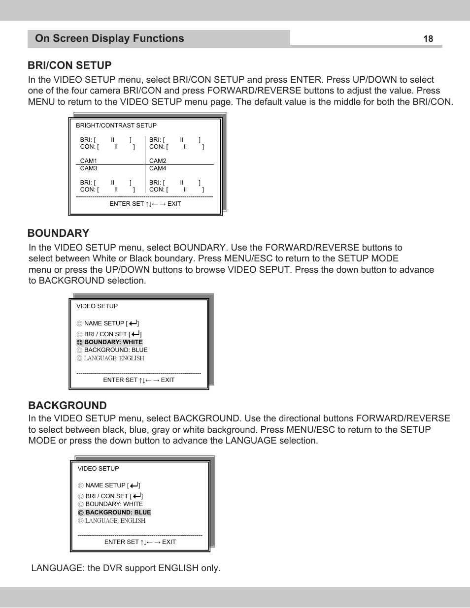 On screen display functions bri/con setup, Boundary, Background | SecurityMan NDVR-04 User Manual | Page 18 / 35