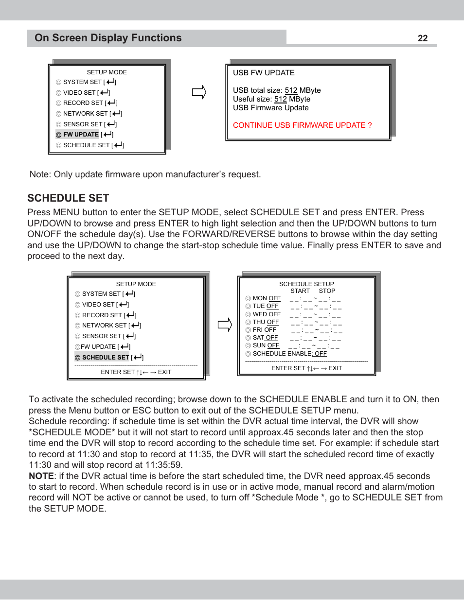 On screen display functions, Schedule set | SecurityMan NDVR-04 User Manual | Page 22 / 35