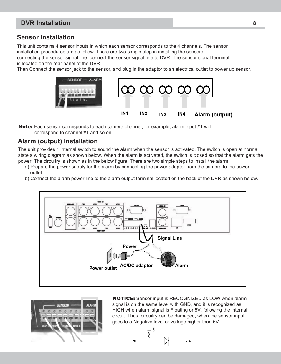 Alarm (output) installation, Dvr installation, Sensor installation | SecurityMan NDVR-04 User Manual | Page 8 / 35