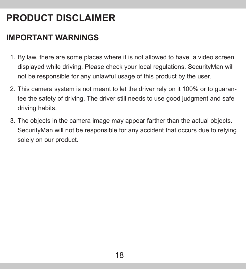 Product disclaimer, Important warnings | SecurityMan PalmCam User Manual | Page 18 / 20