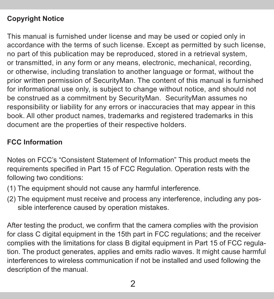 SecurityMan PalmCam User Manual | Page 2 / 20