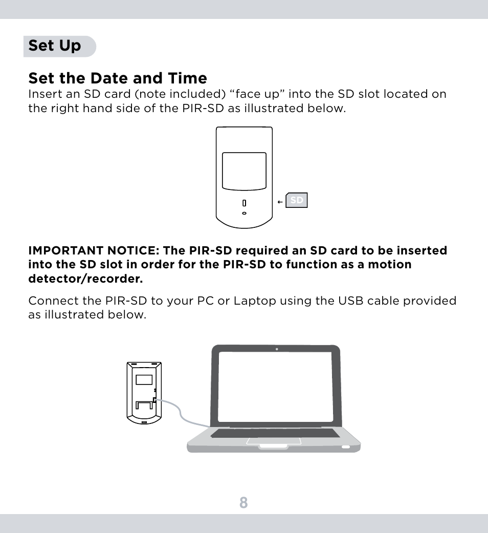 8set up set the date and time | SecurityMan PIR-SD User Manual | Page 12 / 24