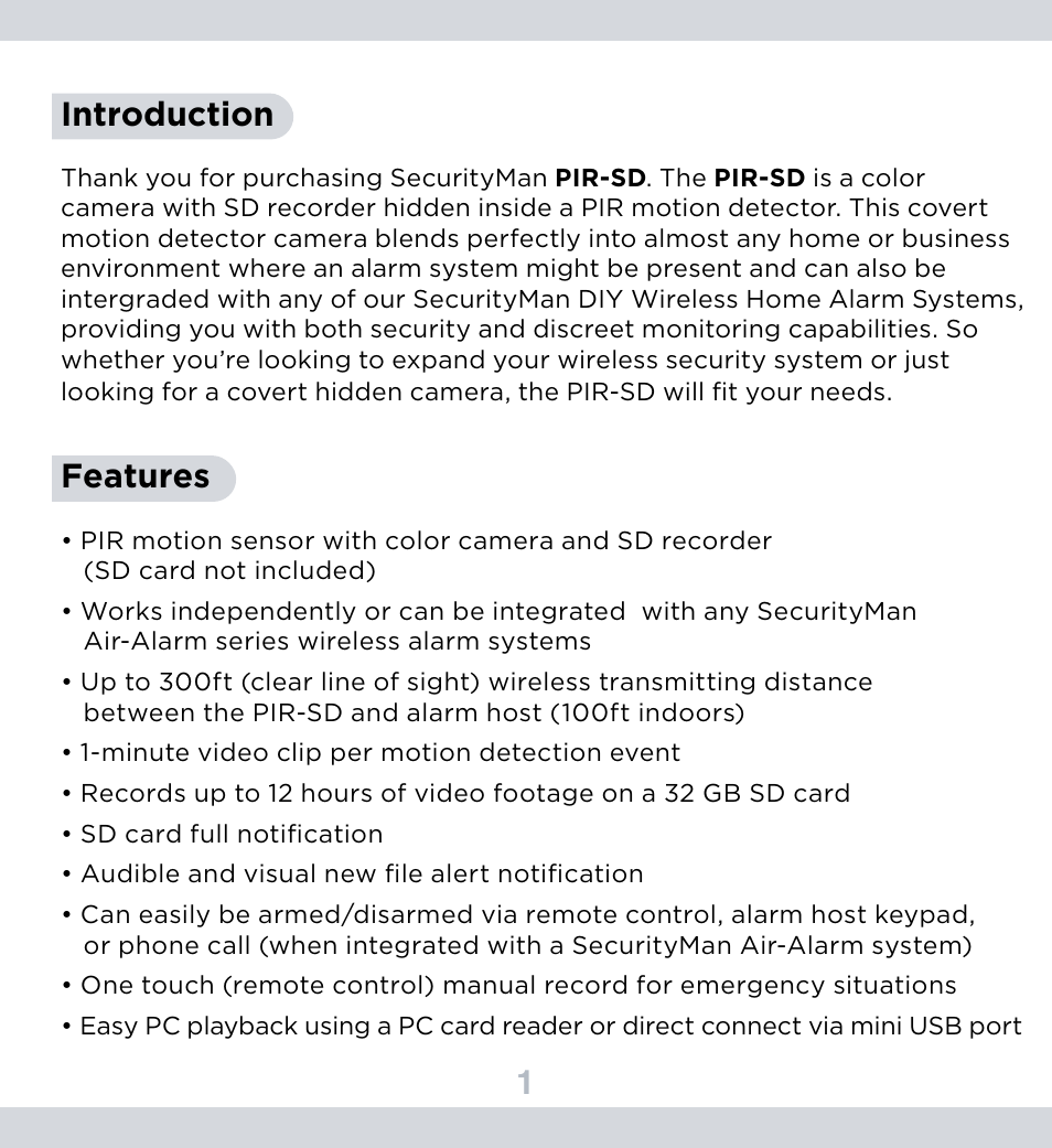 1introduction, Features | SecurityMan PIR-SD User Manual | Page 5 / 24