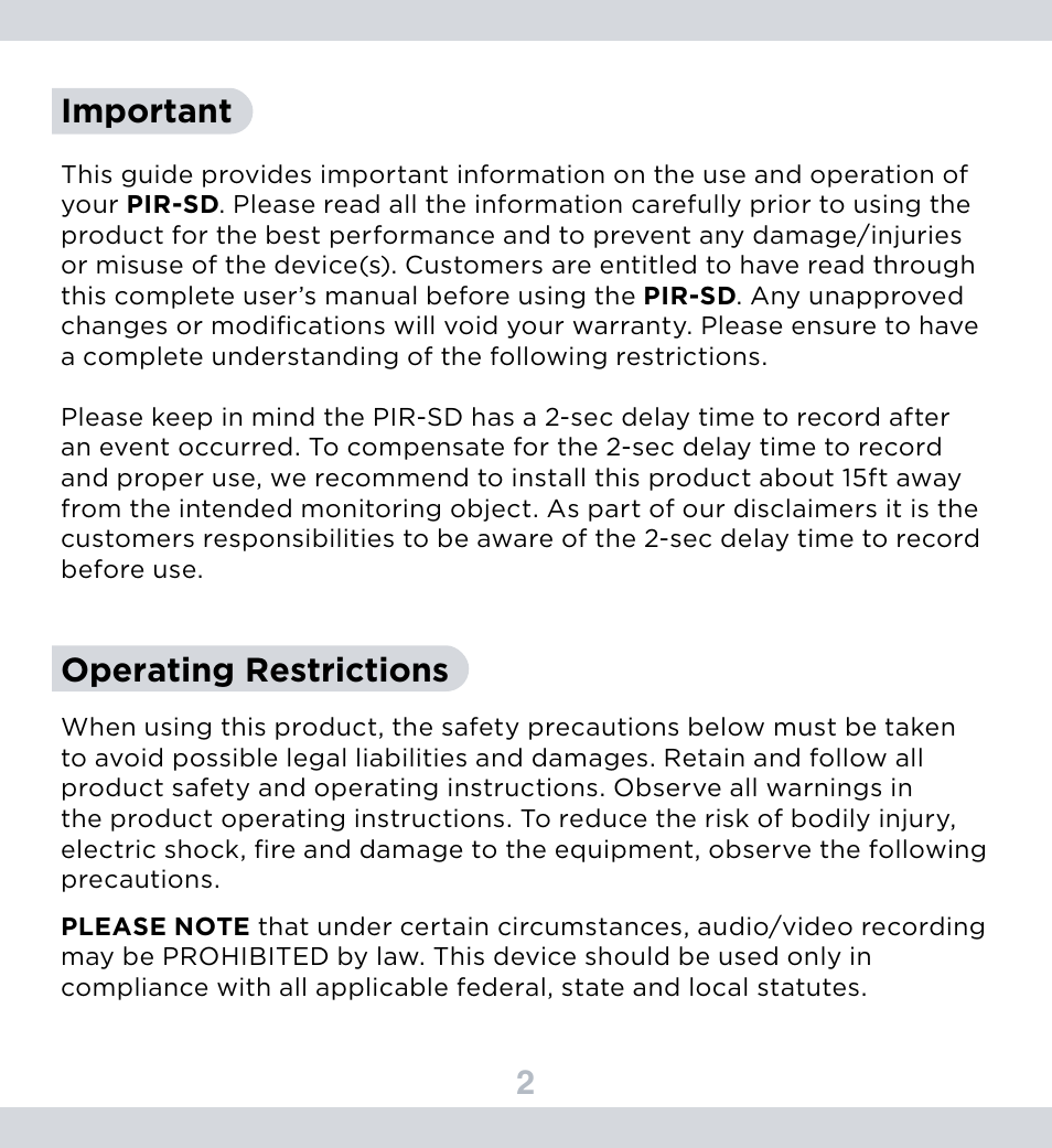 2important, Operating restrictions | SecurityMan PIR-SD User Manual | Page 6 / 24
