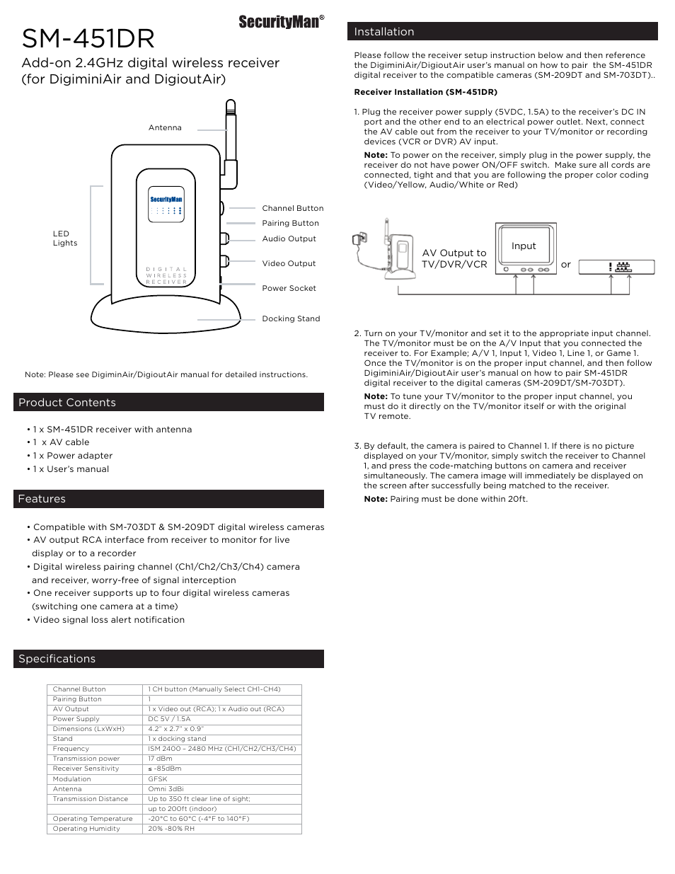 SecurityMan SM-451DR User Manual | 2 pages