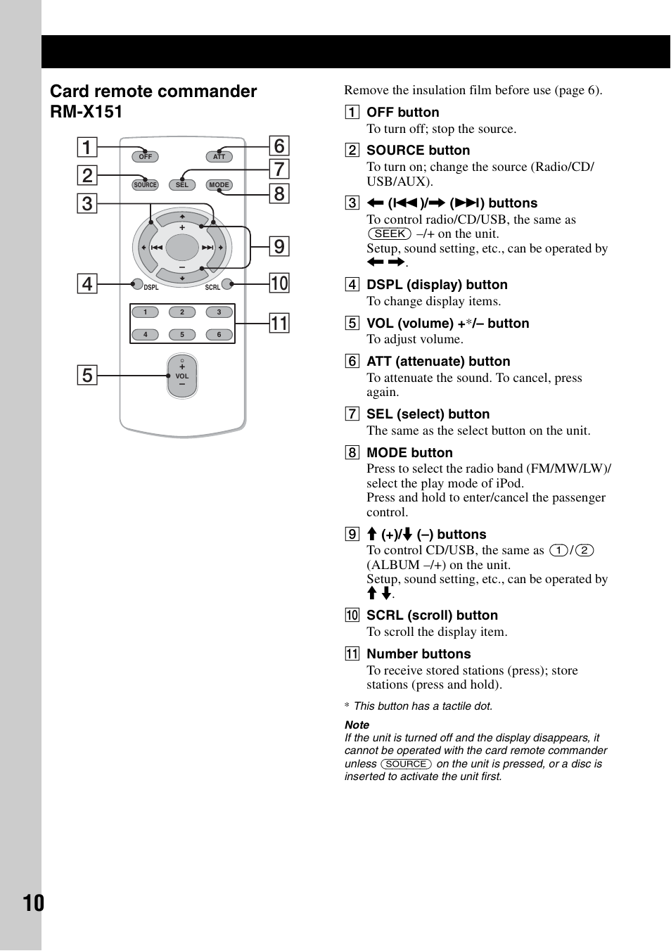 Card remote commander rm-x151 | Sony CDX-GT640UI User Manual | Page 10 / 140