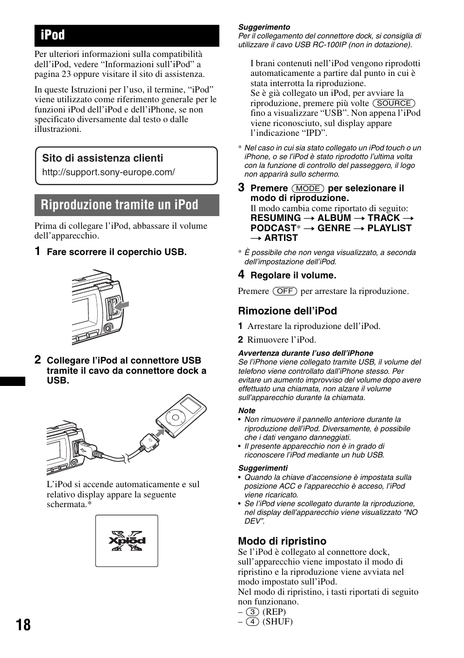 Ipod, Riproduzione tramite un ipod, Rimozione dell’ipod | Modo di ripristino, Sito di assistenza clienti | Sony CDX-GT640UI User Manual | Page 100 / 140