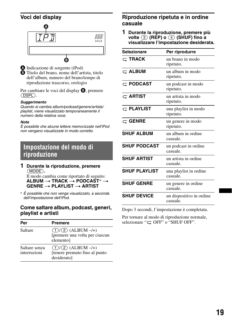 Voci del display, Impostazione del modo di riproduzione, Riproduzione ripetuta e in ordine casuale | Sony CDX-GT640UI User Manual | Page 101 / 140