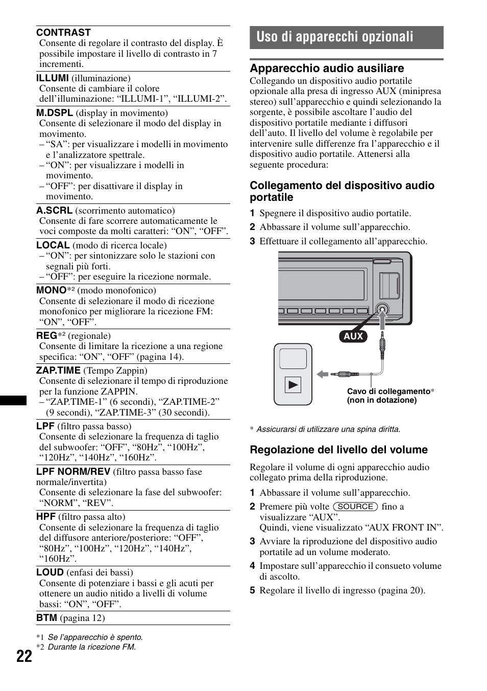 Uso di apparecchi opzionali, Apparecchio audio ausiliare | Sony CDX-GT640UI User Manual | Page 104 / 140