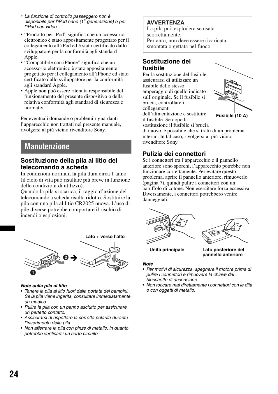 Manutenzione, Sostituzione del fusibile, Pulizia dei connettori | Sony CDX-GT640UI User Manual | Page 106 / 140