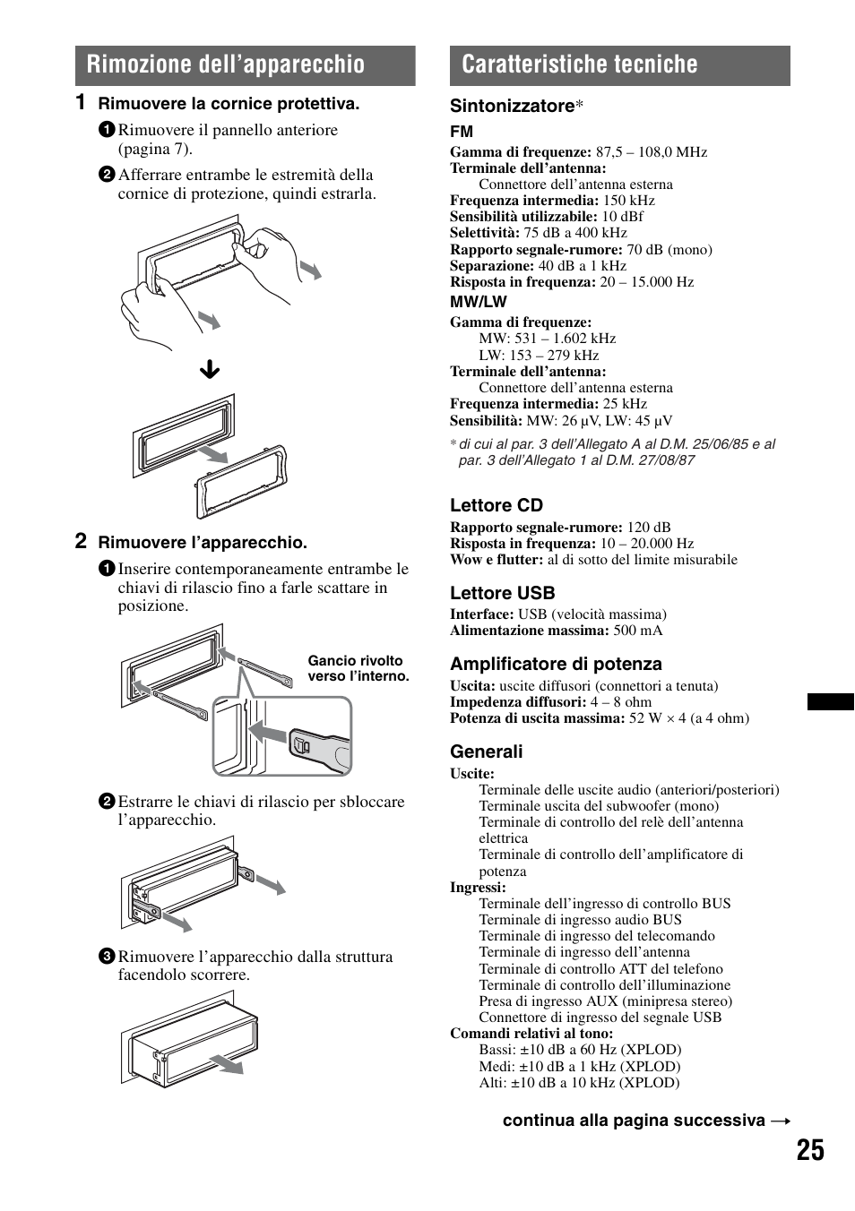 Rimozione dell’apparecchio, Caratteristiche tecniche | Sony CDX-GT640UI User Manual | Page 107 / 140