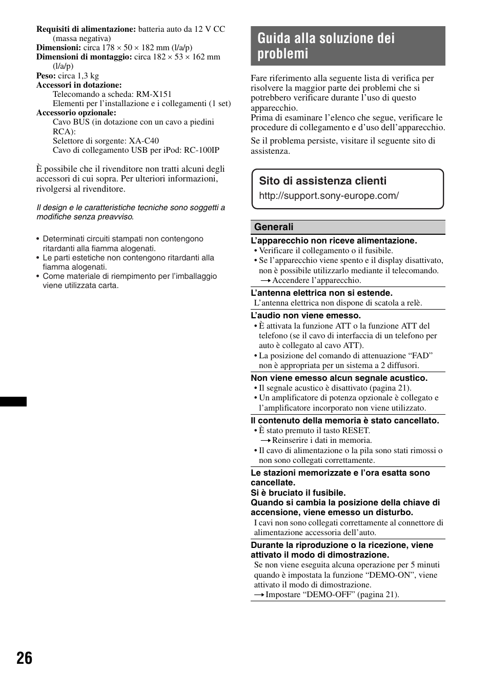 Guida alla soluzione dei problemi, Sito di assistenza clienti | Sony CDX-GT640UI User Manual | Page 108 / 140