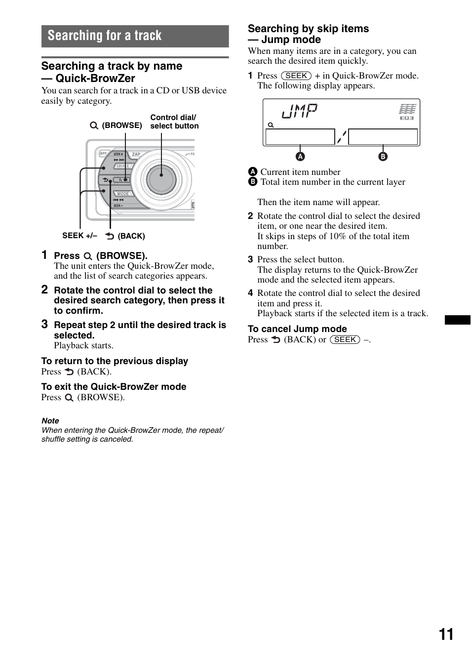 Searching for a track, Searching a track by name - quick-browzer, Searching a track by name — quick-browzer | Sony CDX-GT640UI User Manual | Page 11 / 140