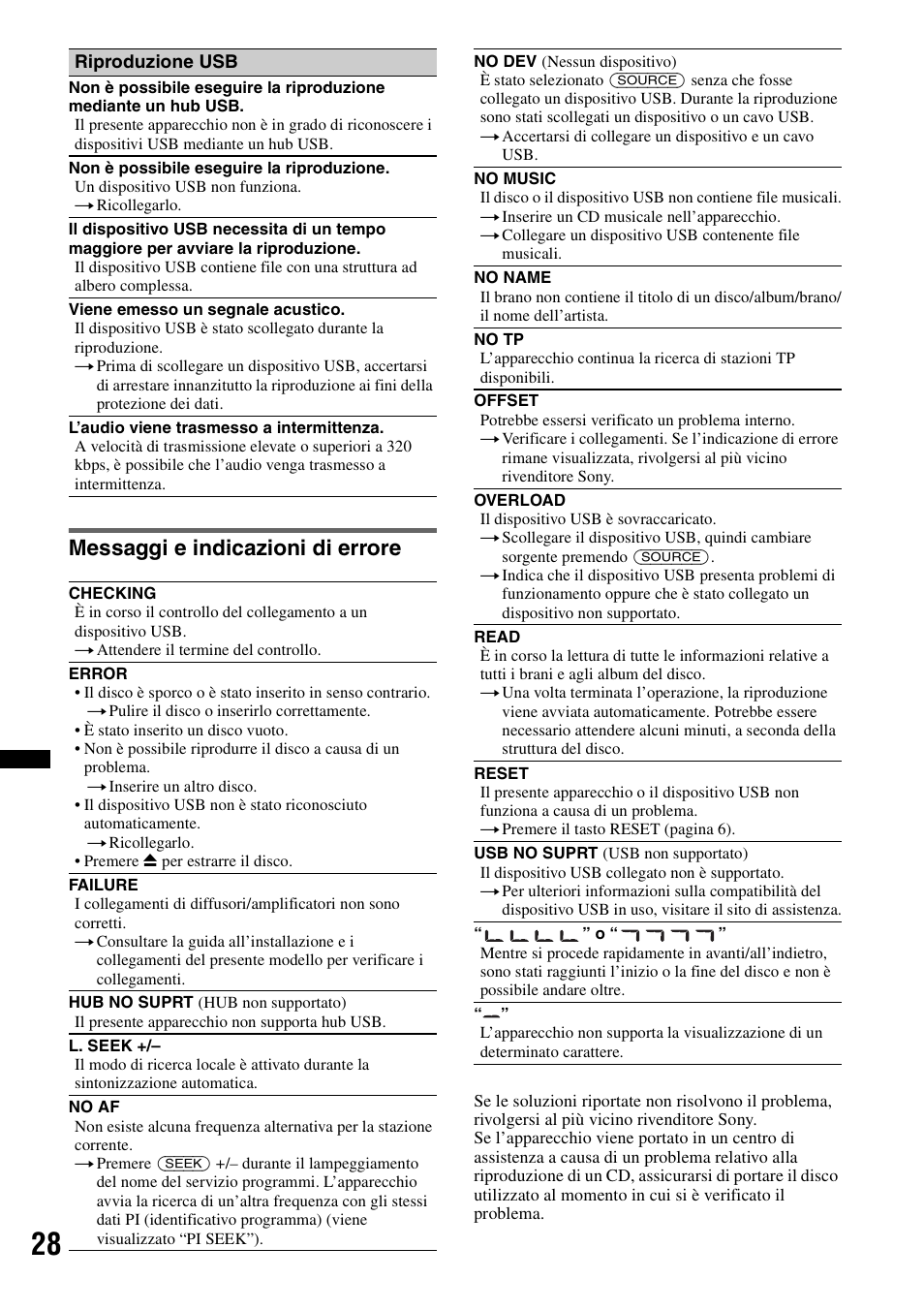 Messaggi e indicazioni di errore | Sony CDX-GT640UI User Manual | Page 110 / 140