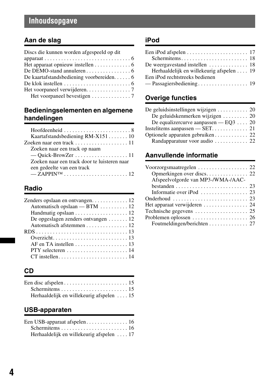 Inhoudsopgave | Sony CDX-GT640UI User Manual | Page 114 / 140