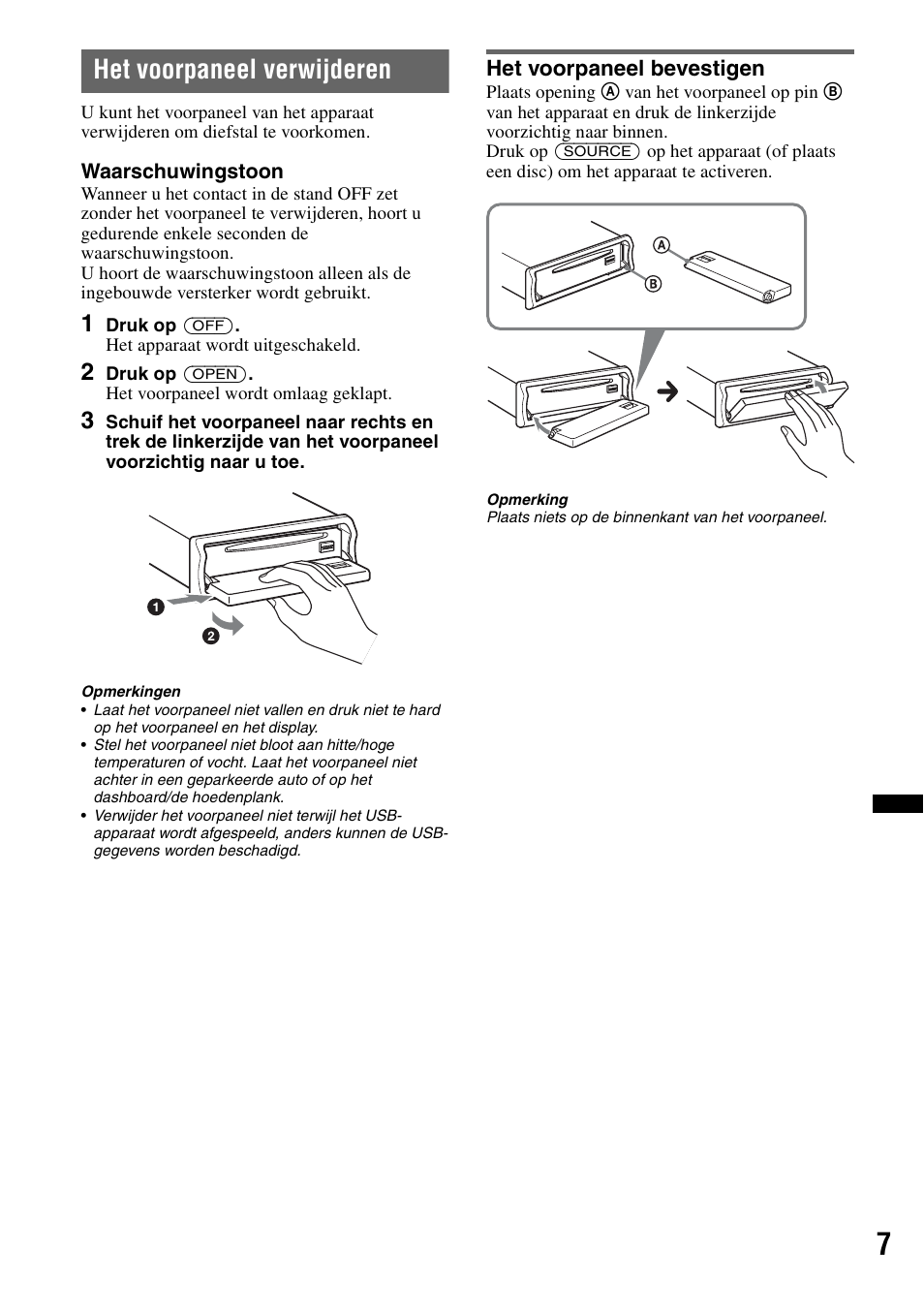 Het voorpaneel verwijderen, Het voorpaneel bevestigen | Sony CDX-GT640UI User Manual | Page 117 / 140