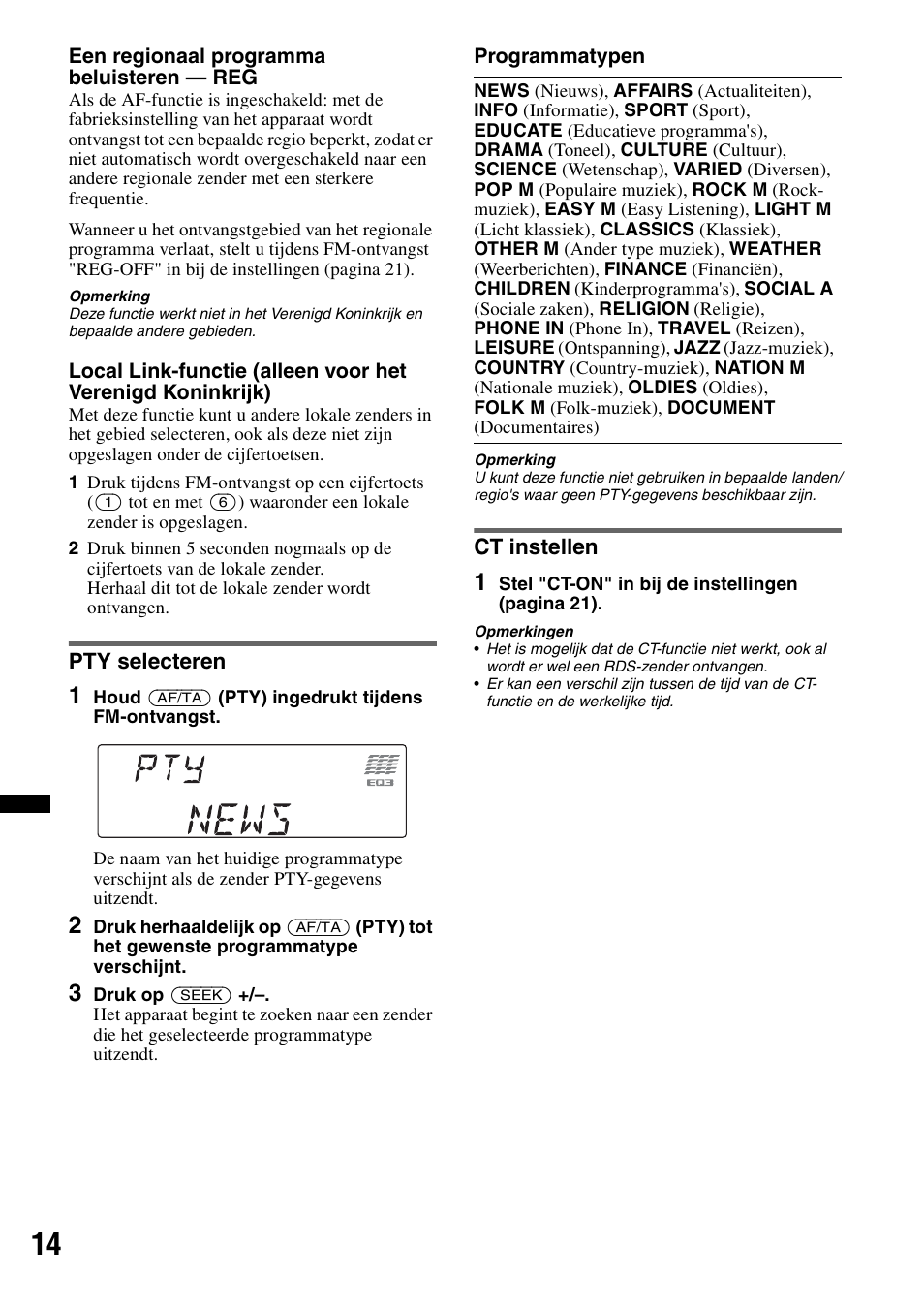 Pty selecteren, Ct instellen, Pty selecteren ct instellen | Sony CDX-GT640UI User Manual | Page 124 / 140