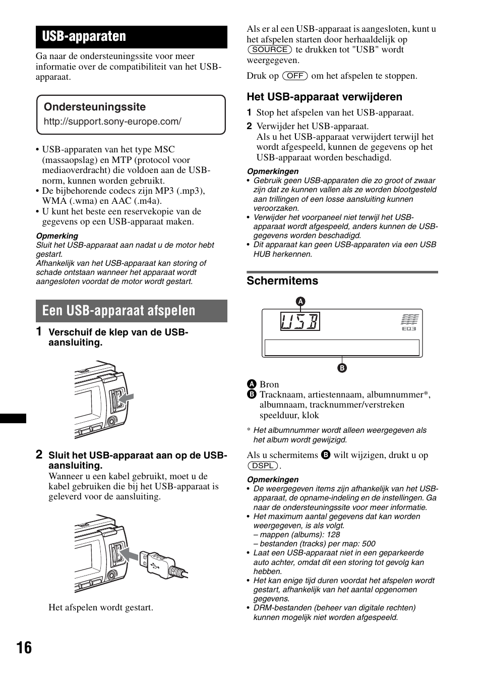 Usb-apparaten, Een usb-apparaat afspelen, Schermitems | Sony CDX-GT640UI User Manual | Page 126 / 140