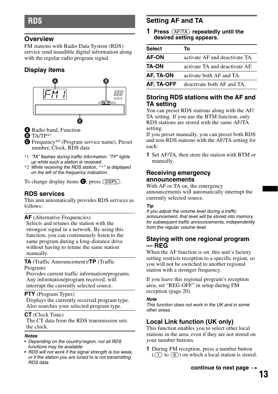 Overview, Setting af and ta, Overview setting af and ta | Sony CDX-GT640UI User Manual | Page 13 / 140