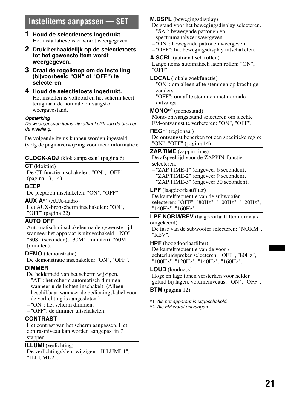 Instelitems aanpassen - set, Instelitems aanpassen — set | Sony CDX-GT640UI User Manual | Page 131 / 140