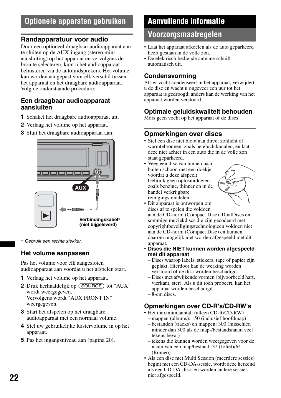 Optionele apparaten gebruiken, Randapparatuur voor audio, Aanvullende informatie | Voorzorgsmaatregelen, Opmerkingen over discs, Aanvullende informatie voorzorgsmaatregelen | Sony CDX-GT640UI User Manual | Page 132 / 140