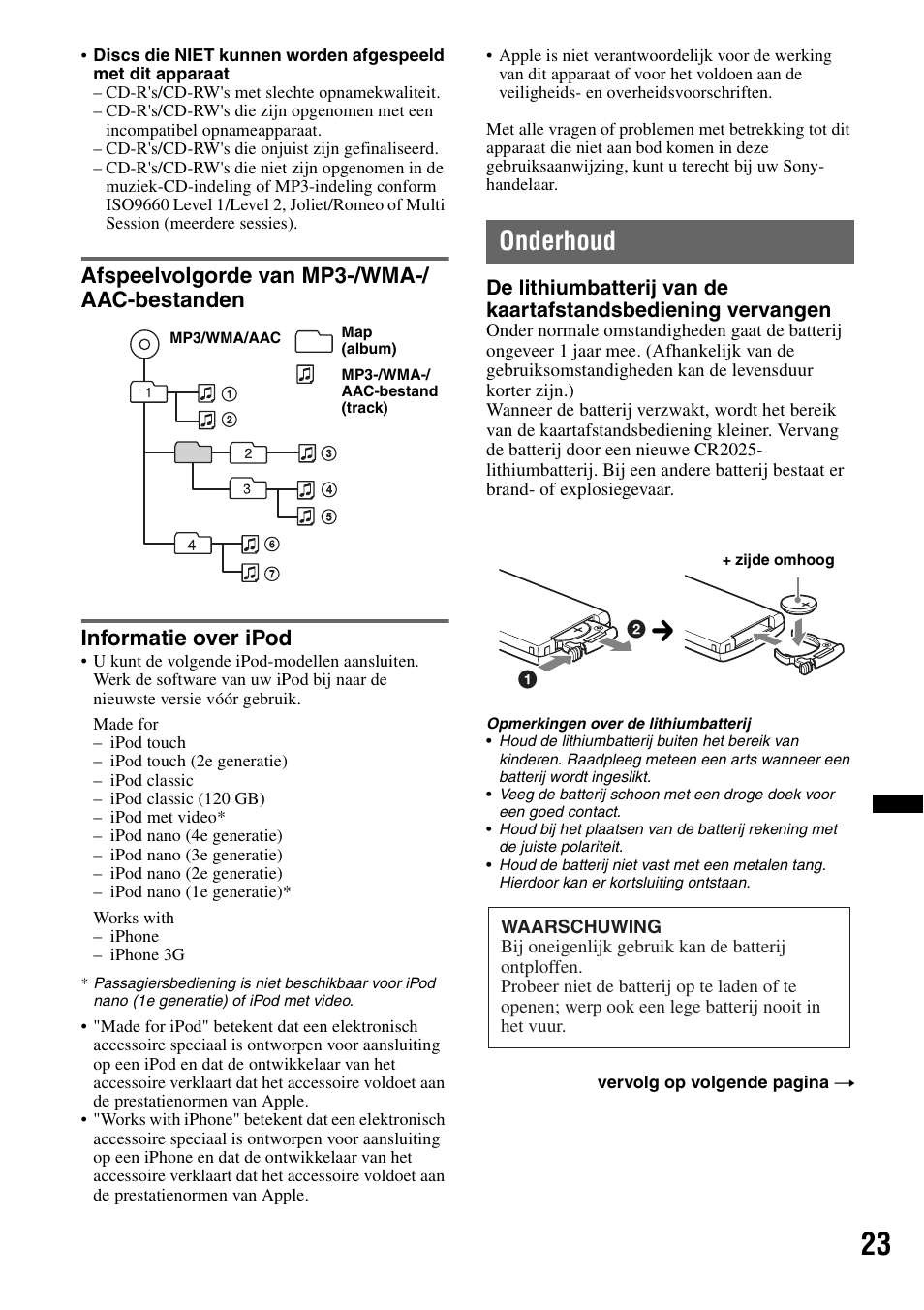 Afspeelvolgorde van mp3-/wma-/ aac-bestanden, Informatie over ipod, Onderhoud | Sony CDX-GT640UI User Manual | Page 133 / 140