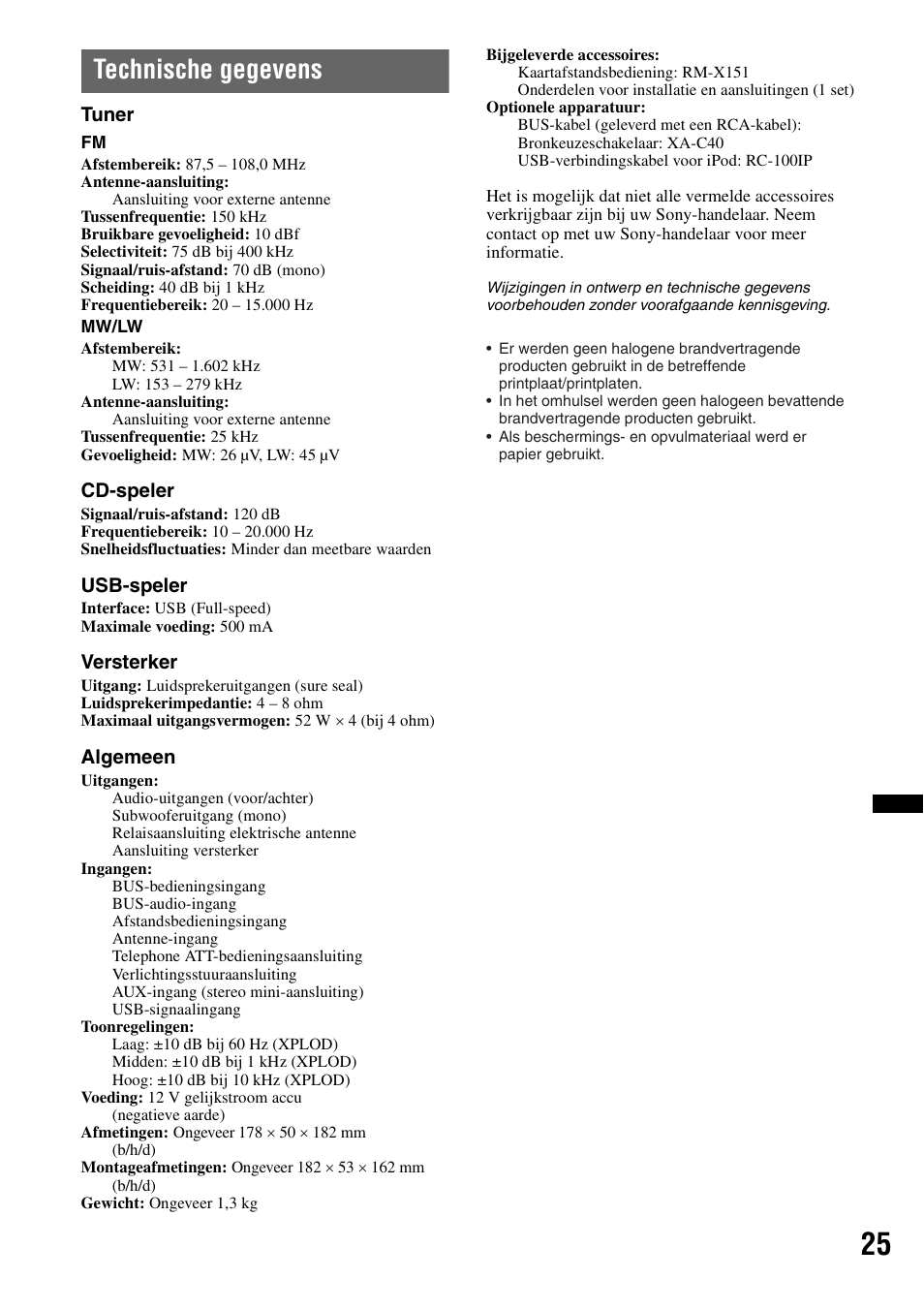 Technische gegevens | Sony CDX-GT640UI User Manual | Page 135 / 140