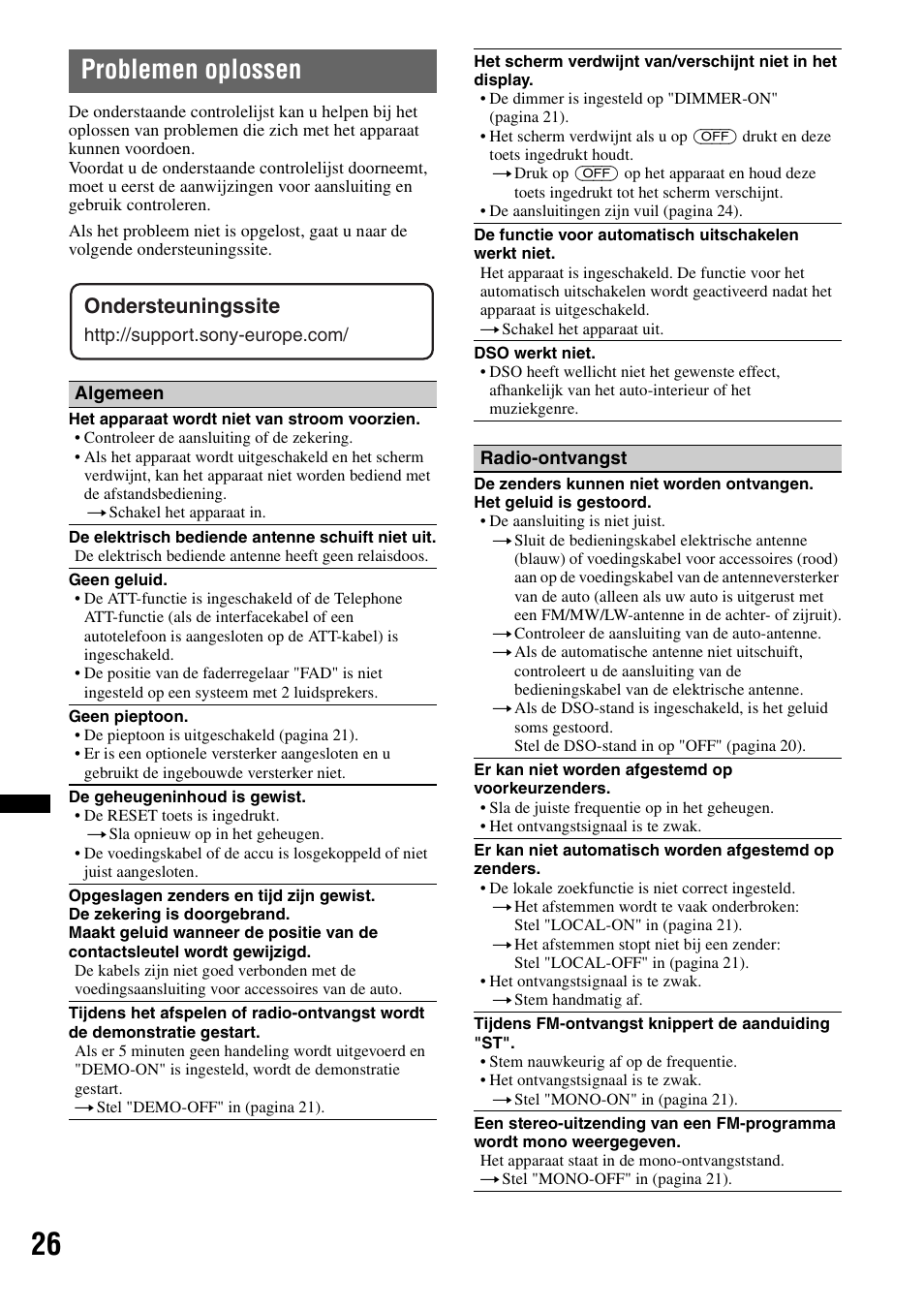 Problemen oplossen, Ondersteuningssite | Sony CDX-GT640UI User Manual | Page 136 / 140