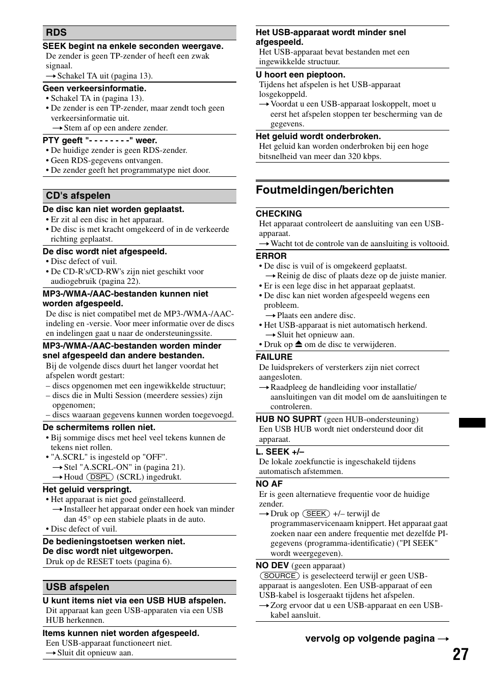 Foutmeldingen/berichten | Sony CDX-GT640UI User Manual | Page 137 / 140