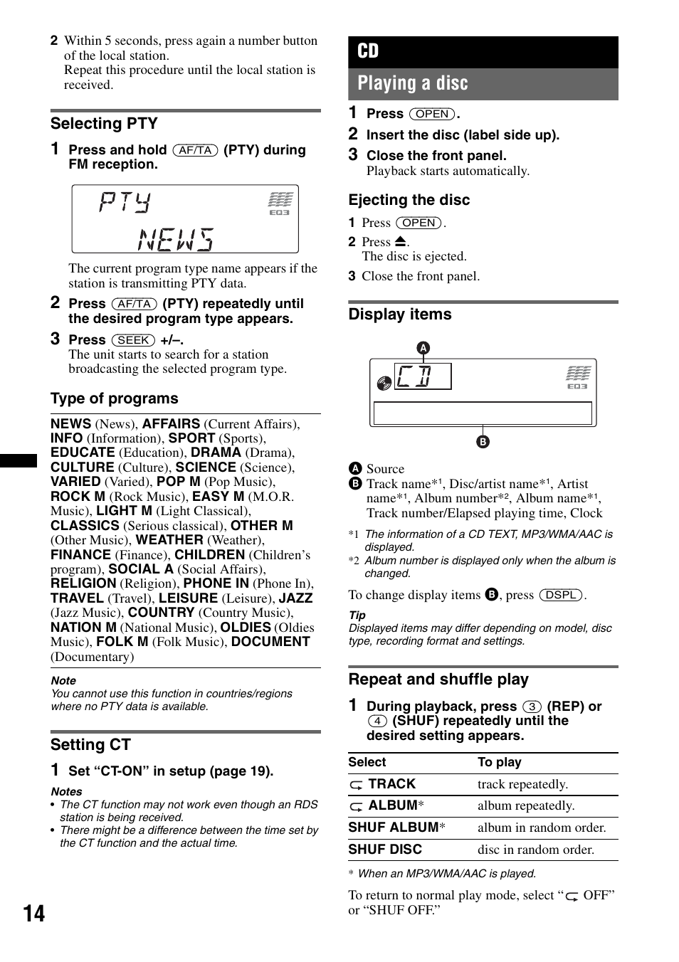 Selecting pty, Setting ct, Playing a disc | Display items, Repeat and shuffle play, Selecting pty setting ct, Display items repeat and shuffle play, Cd playing a disc | Sony CDX-GT640UI User Manual | Page 14 / 140