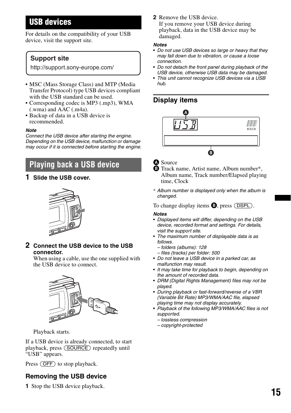 Usb devices, Playing back a usb device, Display items | Sony CDX-GT640UI User Manual | Page 15 / 140